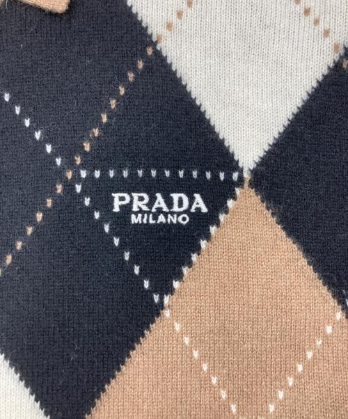 PRADA（プラダ）PRADA (プラダ) カシミヤ ロゴ アーガイル 長袖ポロシャツ ブラウン サイズ:40の古着・服飾アイテム