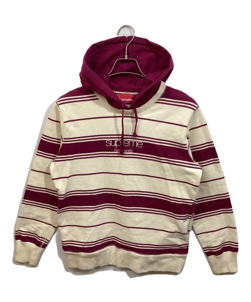 SUPREME（シュプリーム）Supreme (シュプリーム) Striped Hooded Crewneck ホワイト×ピンク サイズ:	SIZE Sの古着・服飾アイテム