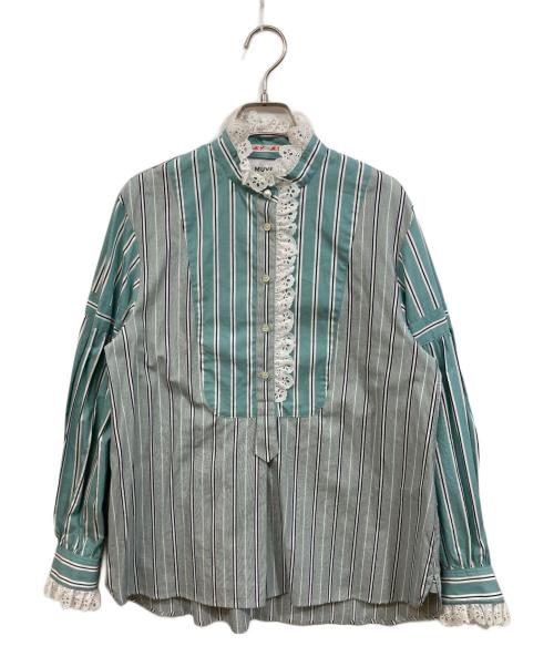 MUVEIL（ミュベール）MUVEIL (ミュベール) パールボタン ストライプ フリル プルオーバーブラウス グレー サイズ:	SIZE 38の古着・服飾アイテム