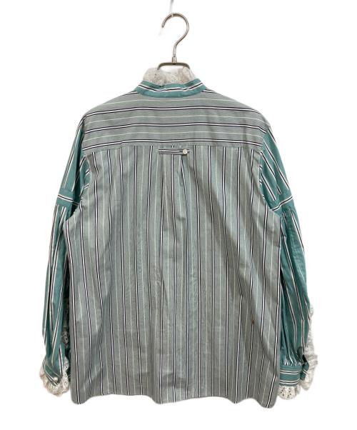 MUVEIL（ミュベール）MUVEIL (ミュベール) パールボタン ストライプ フリル プルオーバーブラウス グレー サイズ:	SIZE 38の古着・服飾アイテム
