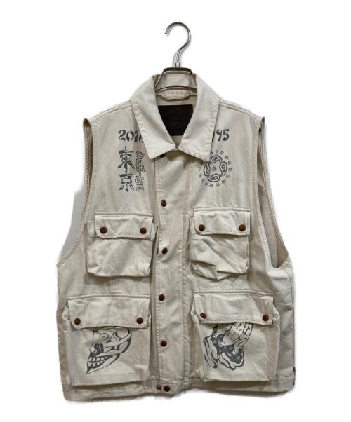 SUGARHILL（シュガーヒル）SUGARHILL (シュガーヒル) TATTOO STUDIO YAMADA (タトゥースタジオヤマダ) TATTOO FLASH PRINT POCKET DENIM VEST ホワイト サイズ:SIZE 34の古着・服飾アイテム