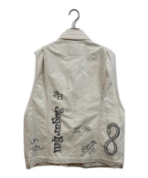 SUGARHILL（シュガーヒル）SUGARHILL (シュガーヒル) TATTOO STUDIO YAMADA (タトゥースタジオヤマダ) TATTOO FLASH PRINT POCKET DENIM VEST ホワイト サイズ:SIZE 34の古着・服飾アイテム