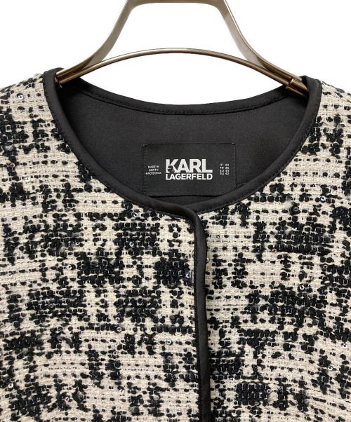 Karl Lagerfeld（カール ラガーフェルド）Karl Lagerfeld (カール ラガーフェルド) ノーカラーツイードジャケット ホワイト×ブラック サイズ:40の古着・服飾アイテム