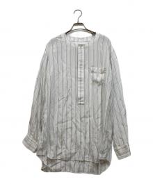 COMME des GARCONS SHIRT（コムデギャルソンシャツ）の古着「ストライプノーカラープルオーバーキュプラシャツ」｜ホワイト