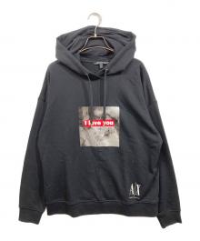 ARMANI EXCHANGE（アルマーニ エクスチェンジ）の古着「フォト＆メッセージデザイン スウェットパーカ」｜ブラック