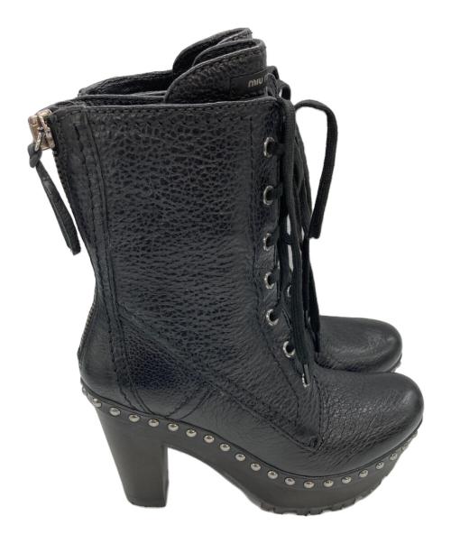 MIU MIU（ミュウミュウ）MIU MIU (ミュウミュウ) スタッズ プラットフォーム レースアップブーツ ブラック サイズ:	SIZE 34の古着・服飾アイテム