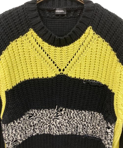 DIESEL（ディーゼル）DIESEL (ディーゼル) ダメージ加工ボーダーニット ブラック サイズ:	SIZE Mの古着・服飾アイテム