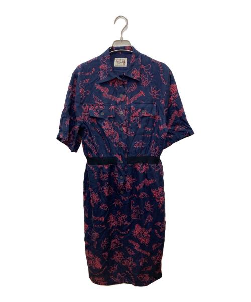 Hysteric Glamour（ヒステリックグラマー）Hysteric Glamour (ヒステリックグラマー) LUCIFER ISLAND総柄 5分袖オープンカラーワンピース ネイビー サイズ:Freeの古着・服飾アイテム