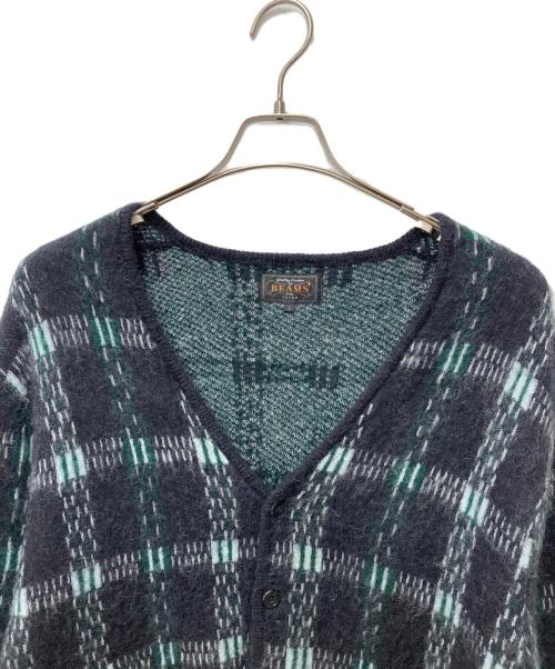 BEAMS（ビームス）BEAMS (ビームス) 9ゲージ モヘヤ ジャカード チェック カーディガン ブラック×グリーン サイズ:Lの古着・服飾アイテム