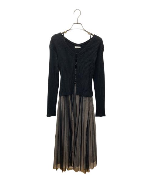 FRAY ID（フレイ アイディー）FRAY ID (フレイ アイディー) チュールプリーツスカートコンビリブニットワンピ ブラックの古着・服飾アイテム