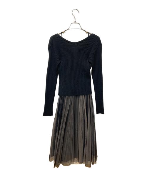 FRAY ID（フレイ アイディー）FRAY ID (フレイ アイディー) チュールプリーツスカートコンビリブニットワンピ ブラックの古着・服飾アイテム