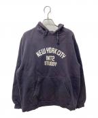 stussyステューシー）の古着「INT2 NYC ロゴプリントパーカー」｜ネイビー