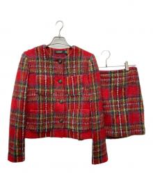 LAUREN RALPH LAUREN（ローレンラルフローレン）の古着「Plaid Mohair Cropped Jacket / Pencil Mini Skirt セットアップ」｜レッド