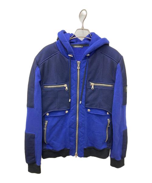 BALMAIN（バルマン）BALMAIN (バルマン) スウェットメッシュ切替ジップフーディ ブルー サイズ:44の古着・服飾アイテム