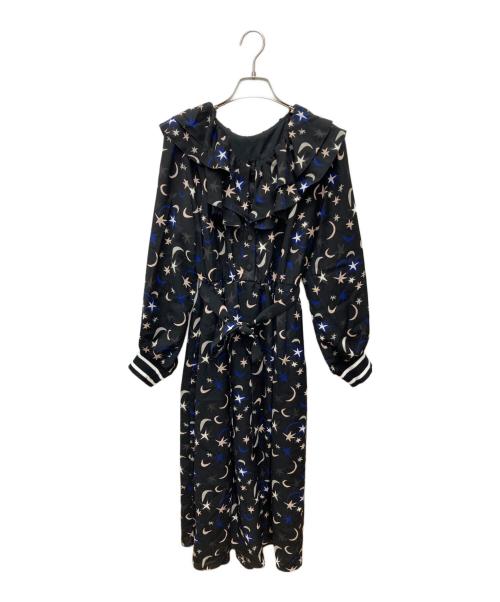 GRACE CLASS（グレースクラス）GRACE CLASS (グレースクラス) フリルカラープリントワンピース ブラック×ブルー サイズ:36の古着・服飾アイテム