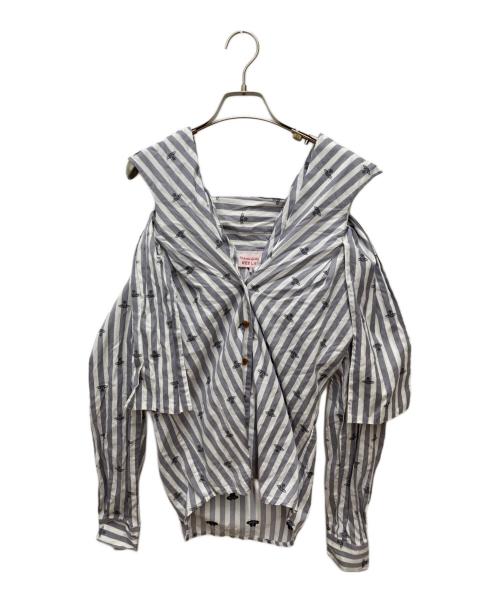 Vivienne Westwood RED LABEL（ヴィヴィアンウエストウッドレッドレーベル）Vivienne Westwood RED LABEL (ヴィヴィアンウエストウッドレッドレーベル) ボウタイリボンブラウス グレー×ホワイト サイズ:1の古着・服飾アイテム