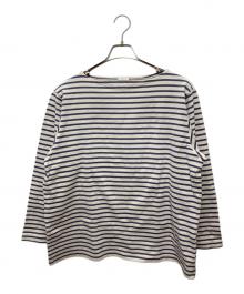 COMOLI（コモリ）の古着「ボートネックボーダーカットソー」｜パープル×ホワイト