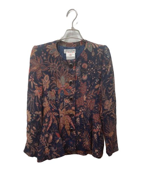 Yves Saint Laurent Rive Gauche（イヴ・サンローラン リヴ・ゴーシュ）Yves Saint Laurent Rive Gauche (イヴ・サンローラン リヴ・ゴーシュ) ペイズリー柄ノーカラージャケット ネイビー サイズ:34の古着・服飾アイテム