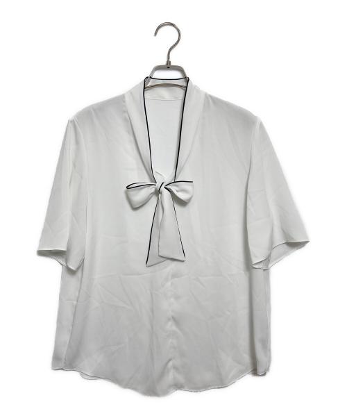 icB（アイシービー）icB (アイシービー) BackSatinAmunzen 5分袖配色ボウタイブラウス ホワイト サイズ:Sの古着・服飾アイテム