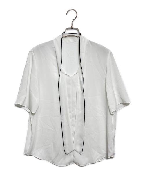 icB（アイシービー）icB (アイシービー) BackSatinAmunzen 5分袖配色ボウタイブラウス ホワイト サイズ:Sの古着・服飾アイテム