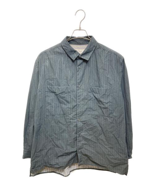 confect（コンフェクト）CONFECT (コンフェクト) 顔料コーティング ストライプシャツ グリーン×ネイビー サイズ:4の古着・服飾アイテム