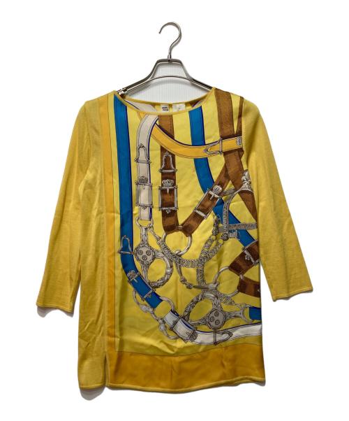 HERMES（エルメス）HERMES (エルメス) シルクカシミヤ切替総柄ニット イエロー サイズ:34の古着・服飾アイテム