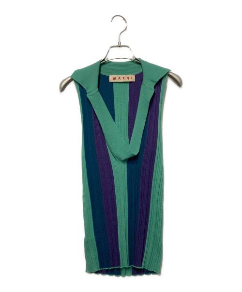 MARNI（マルニ）MARNI (マルニ) カシミヤノースリーブ襟付ニット グリーン×パープル サイズ:Ｍの古着・服飾アイテム