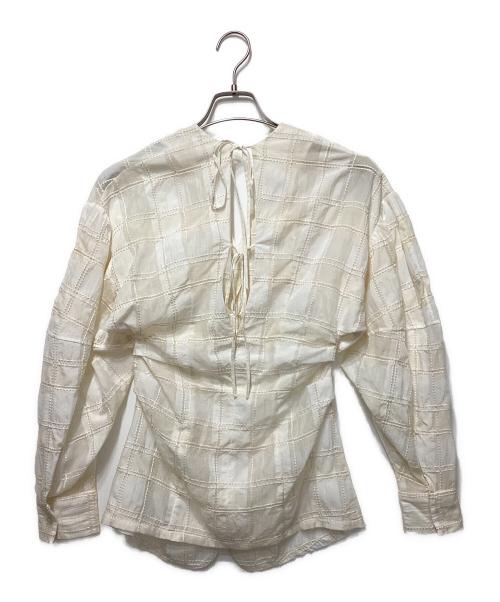CLANE（クラネ）CLANE (クラネ) SHEER CHECK TUCK WAIST BLOUSE ベージュの古着・服飾アイテム