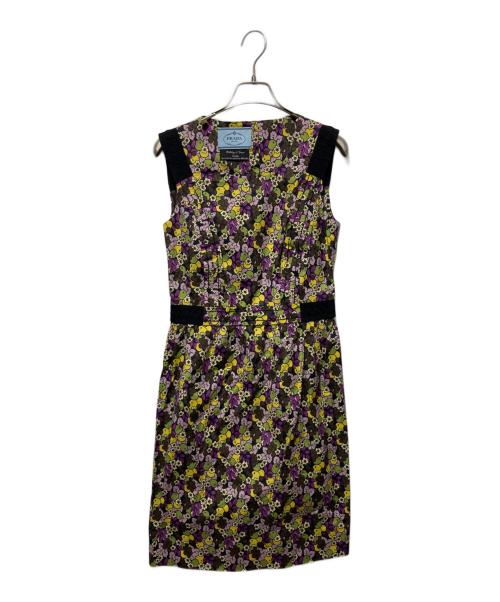PRADA（プラダ）PRADA (プラダ) holliday&brown (ホリデーアンドブラウン) 総柄ノースリーブワンピース ブラック×イエロー サイズ:38の古着・服飾アイテム