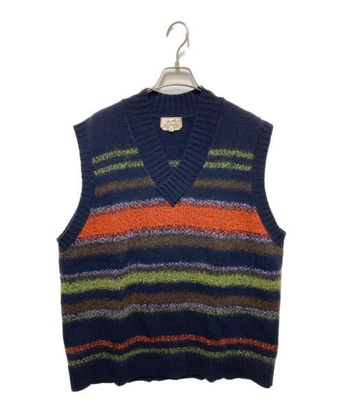 HERMES（エルメス）HERMES (エルメス) ウールカシミヤニットベスト ネイビー×オレンジ サイズ:XLの古着・服飾アイテム