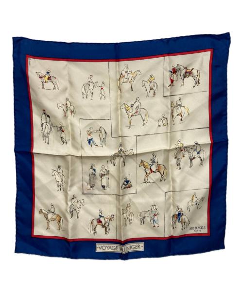 HERMES（エルメス）HERMES (エルメス) カレ45スカーフ ベージュ×ブルーの古着・服飾アイテム