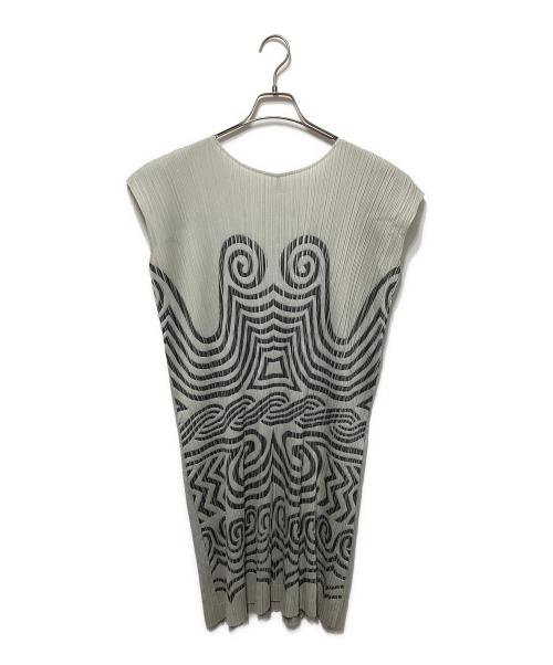 PLEATS PLEASE（プリーツプリーズ）PLEATS PLEASE (プリーツプリーズ) エンボス加工 フレンチスリーブ ワンピース グレー×カーキ サイズ:3の古着・服飾アイテム