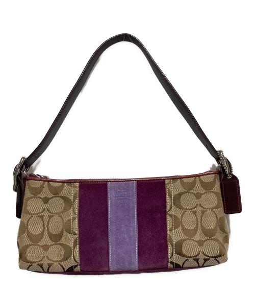 COACH（コーチ）COACH (コーチ) シグネチャー  レザー ハンド ワンショルダー バッグ ベージュ×パープルの古着・服飾アイテム