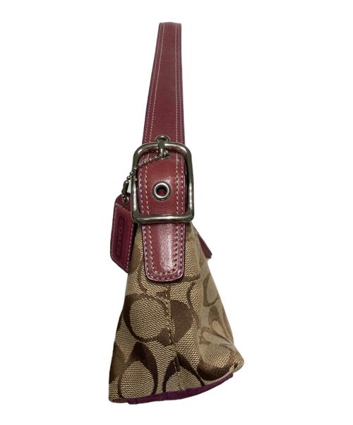 COACH（コーチ）COACH (コーチ) シグネチャー  レザー ハンド ワンショルダー バッグ ベージュ×パープルの古着・服飾アイテム