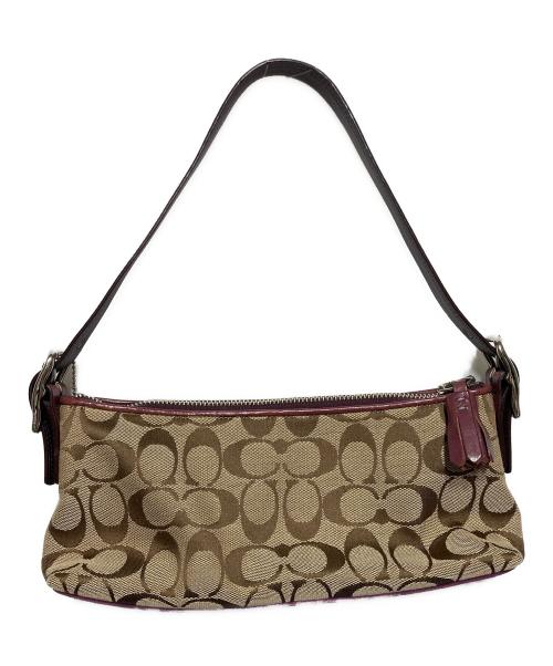 COACH（コーチ）COACH (コーチ) シグネチャー  レザー ハンド ワンショルダー バッグ ベージュ×パープルの古着・服飾アイテム
