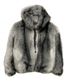 X-GIRL（エックスガール）の古着「LOGO PATCHED FAUX FUR HOODED JACKET」｜グレー