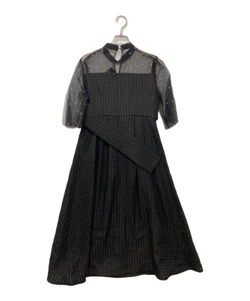 Le Jardiner（ル・ジャルディニエ）Le Jardiner (ル・ジャルディニエ) ビスチェ風ハイネック花柄シアーレースワッフルワンピースドレス ブラック サイズ:Mの古着・服飾アイテム