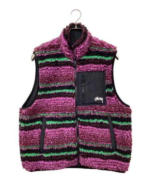 stussy（ステューシー）stussy (ステューシー) STRIPED SHERPA VEST/ストライプ　シェルパ　ベスト パープル サイズ:Mの古着・服飾アイテム