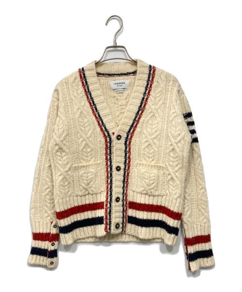 THOM BROWNE. NEW YORK（トムブラウン ニューヨーク）THOM BROWNE. NEW YORK (トムブラウン ニューヨーク) トリコ テープ アラン ニット カーディガン ベージュ サイズ:1の古着・服飾アイテム
