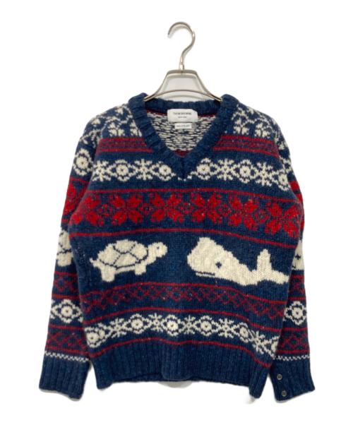 THOM BROWNE. NEW YORK（トムブラウン ニューヨーク）THOM BROWNE. NEW YORK (トムブラウン ニューヨーク) ノルディックVネックニット ネイビー サイズ:3の古着・服飾アイテム