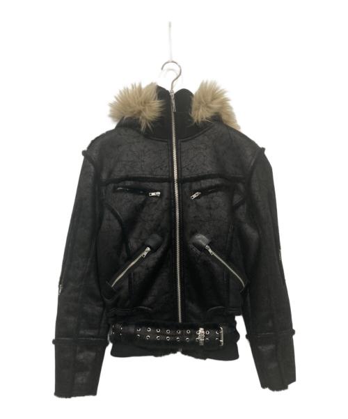 RACER WORLD WIDE（レーサーワイルドワイド）RACER WORLD WIDE (レーサーワイルドワイド) Sheep Skin Jacket/ベルテッドジップファージャケット ブラック サイズ:Mの古着・服飾アイテム