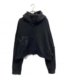 Y's（ワイズ）の古着「PIGMENT+EMBROIDERY FRINGE SHORT HEIGHT PARKER/ピグメントエンブロイダリーパーカー」｜ブラック
