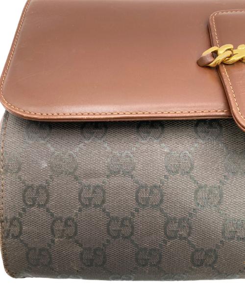 GUCCI（グッチ）GUCCI (グッチ) キャンパスレザーショルダーバッグ ブラウンの古着・服飾アイテム
