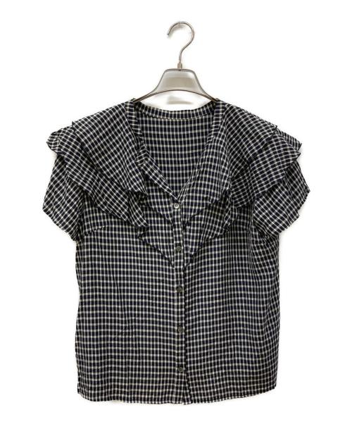 INDIVI（インディヴィ）INDIVI (インディヴィ) チェック柄フリルブラウス ブラック×ホワイト サイズ:13の古着・服飾アイテム