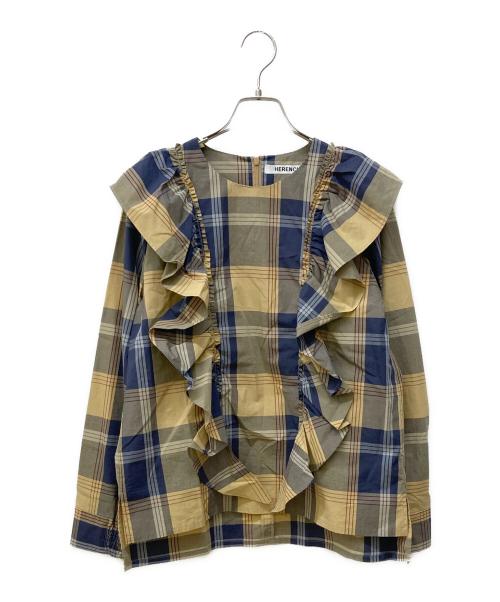 HERENCIA（ヘレンチア）HERENCIA (ヘレンチア) フリルブラウス イエロー×ネイビー サイズ:38 未使用品の古着・服飾アイテム