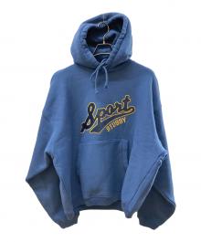 stussy（ステューシー）の古着「SATIN PATCH HOODIE/スポーツロゴパーカー」｜ネイビー