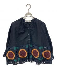 l'atelier du savon（アトリエドゥサボン）の古着「ひまわり刺繍リネンブレンドブラウス」｜ブラック