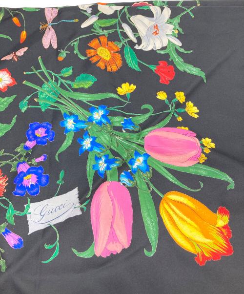 GUCCI（グッチ）GUCCI (グッチ) フローラプリントシルクスカーフ ブラックの古着・服飾アイテム