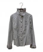 Vivienne Westwood RED LABELヴィヴィアンウエストウッドレッドレーベル）の古着「オーブ刺繍フリルカラーストライプシャツ」｜ブルー×ブラウン