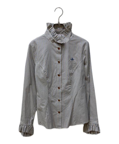 Vivienne Westwood RED LABEL（ヴィヴィアンウエストウッドレッドレーベル）Vivienne Westwood RED LABEL (ヴィヴィアンウエストウッドレッドレーベル) オーブ刺繍フリルカラーストライプシャツ ブルー×ブラウン サイズ:Mの古着・服飾アイテム